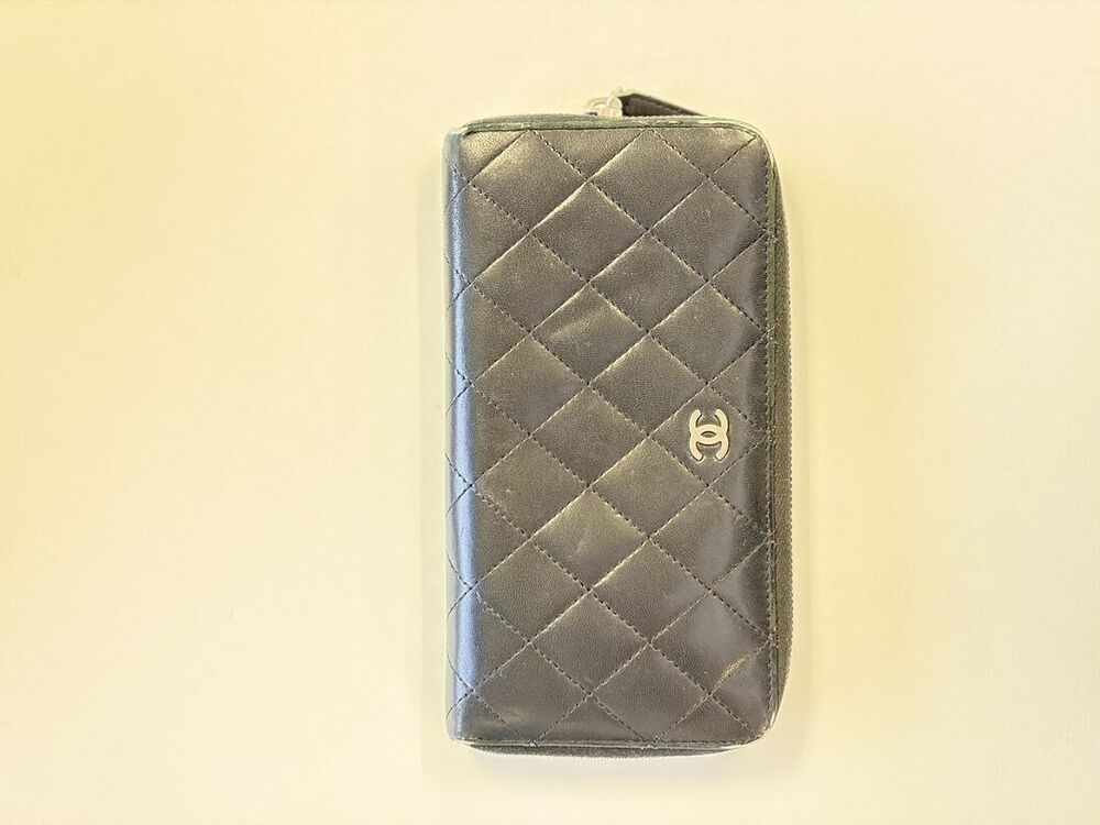 Chanel Gray Quilted Lambskin CC Zip Around Long Wallet
